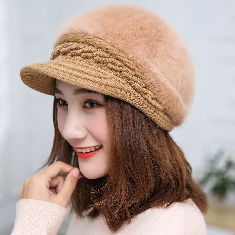 Gorros de punto con visera cálida de felpa para mujer, gorros de punto de Color sólido para mujer, boina tejida, accesorios exteriores elegantes, gorros, gorros