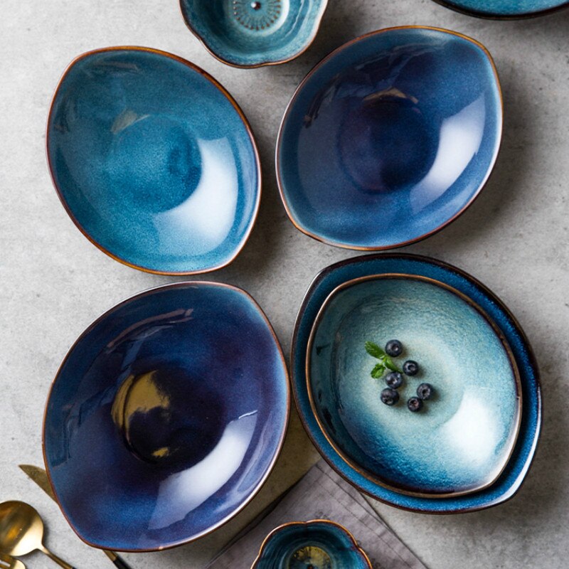 Olho azul Forno Placa de Gelo Rachadura Esmalte Louça Cerâmica Prato Louça de Porcelana Jogo de Jantar Tigela De Sopa De Macarrão Tigela Tigela de Arroz