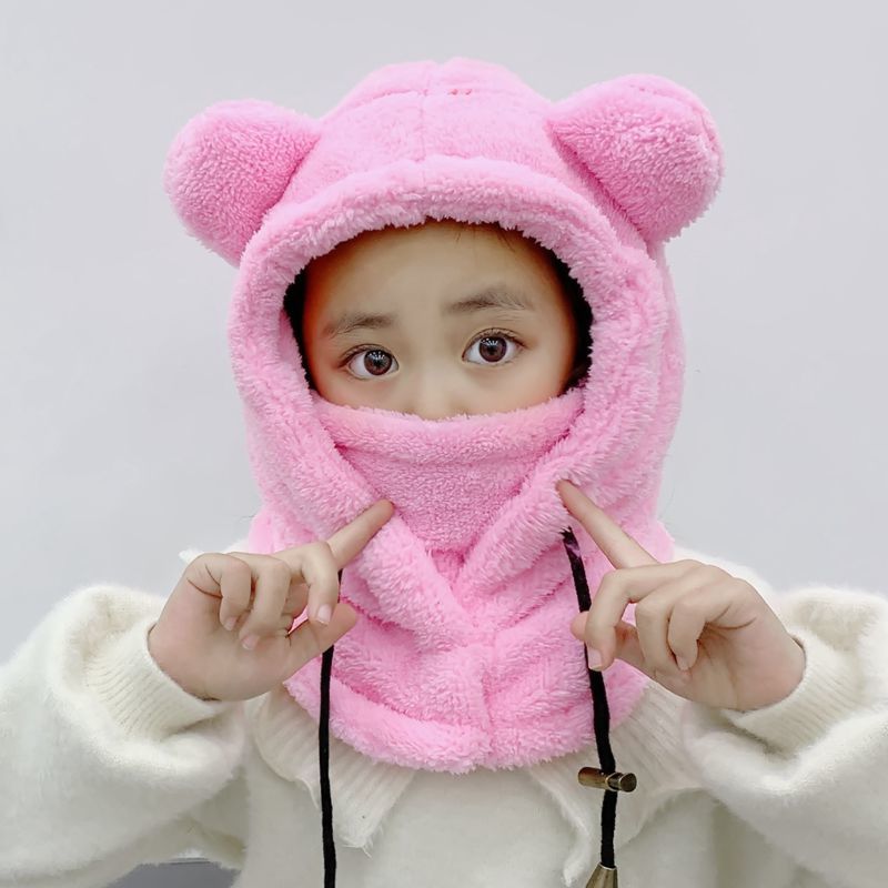 Winter Cute Selling Cute Bear Ears Warm Hat Windproof Neck Scarf Cap Student Women Children Plus Cashmere Cap: pink 3-12 years old