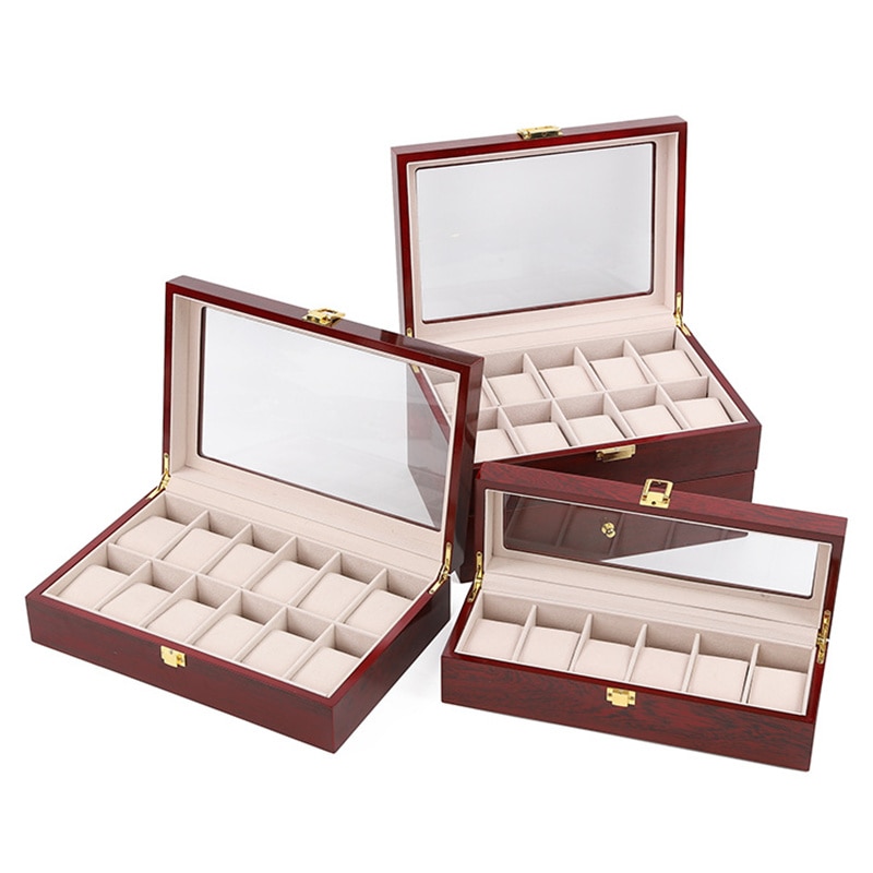 Hout Horloge Opbergdoos Rode Horloge Collectie Box Met Gouden Slot Sieraden Organizer Voor Vrouwen