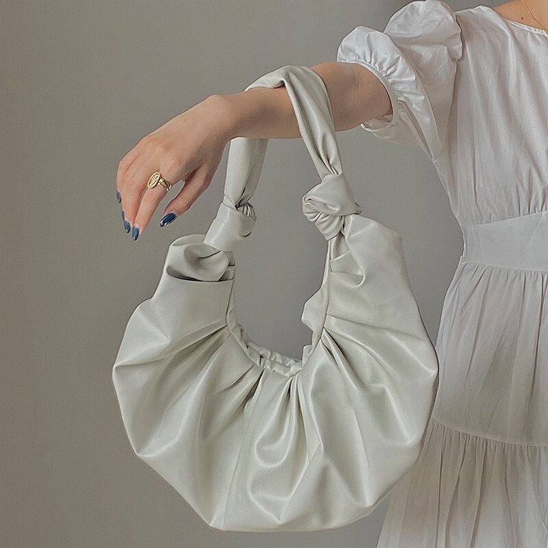 Folds women handbag Large capacity PU Leather Round Shoulder bag For Woman Solid Color Ladies hand bag tote: big white