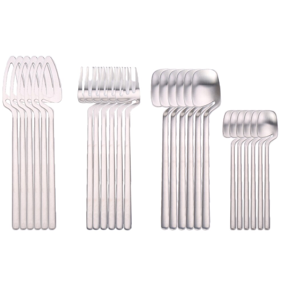 24Pcs 18/8 Rvs Servies Set Rose Goud Bestek Opknoping Cup Lepel Vork Mes Westerse Cutleri Zilverwerk Servies: Matte silver