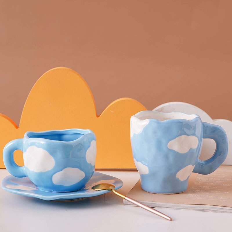 Hand Painted Cloud Coffee Cup and Saucer Handmade Irregular Ceramic Cup With Saucer Tulip Flower Tea Milk Mug Tableware