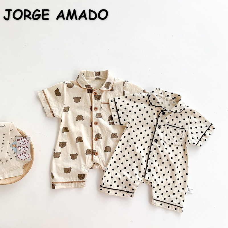 2022 Zomer Koreaanse Stijl Baby Meisje Jongen Romper Beer Dot Korte Mouwen Turn-Down Kraag Jumpsuit Kind Kleding e2375