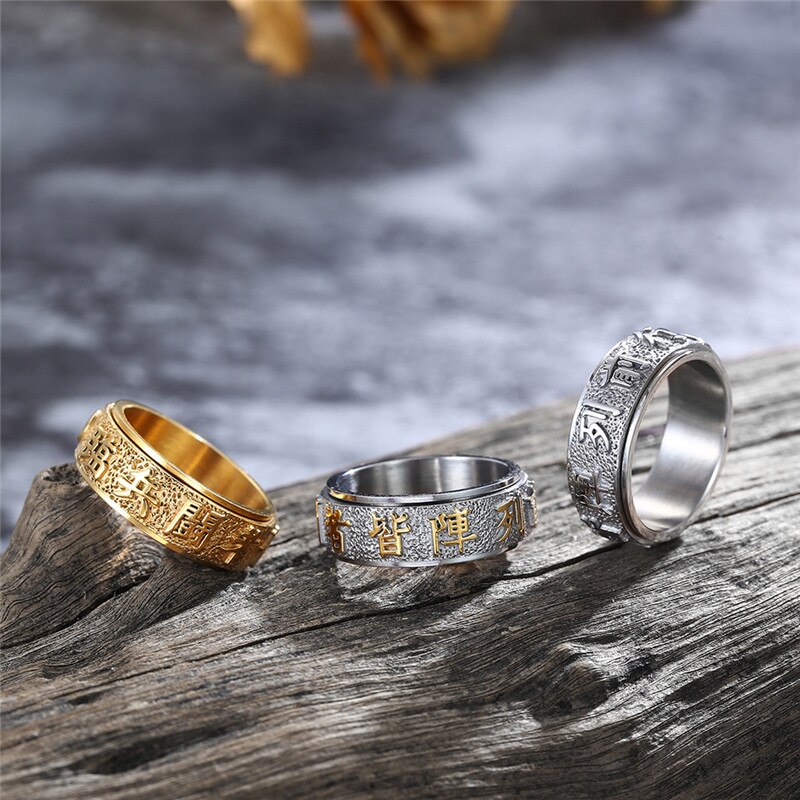 Held og lykke ring mænd kinesisk element taoist ringe vintage titanium stål punk mænd ringe drejelige kinesiske tegn smykker