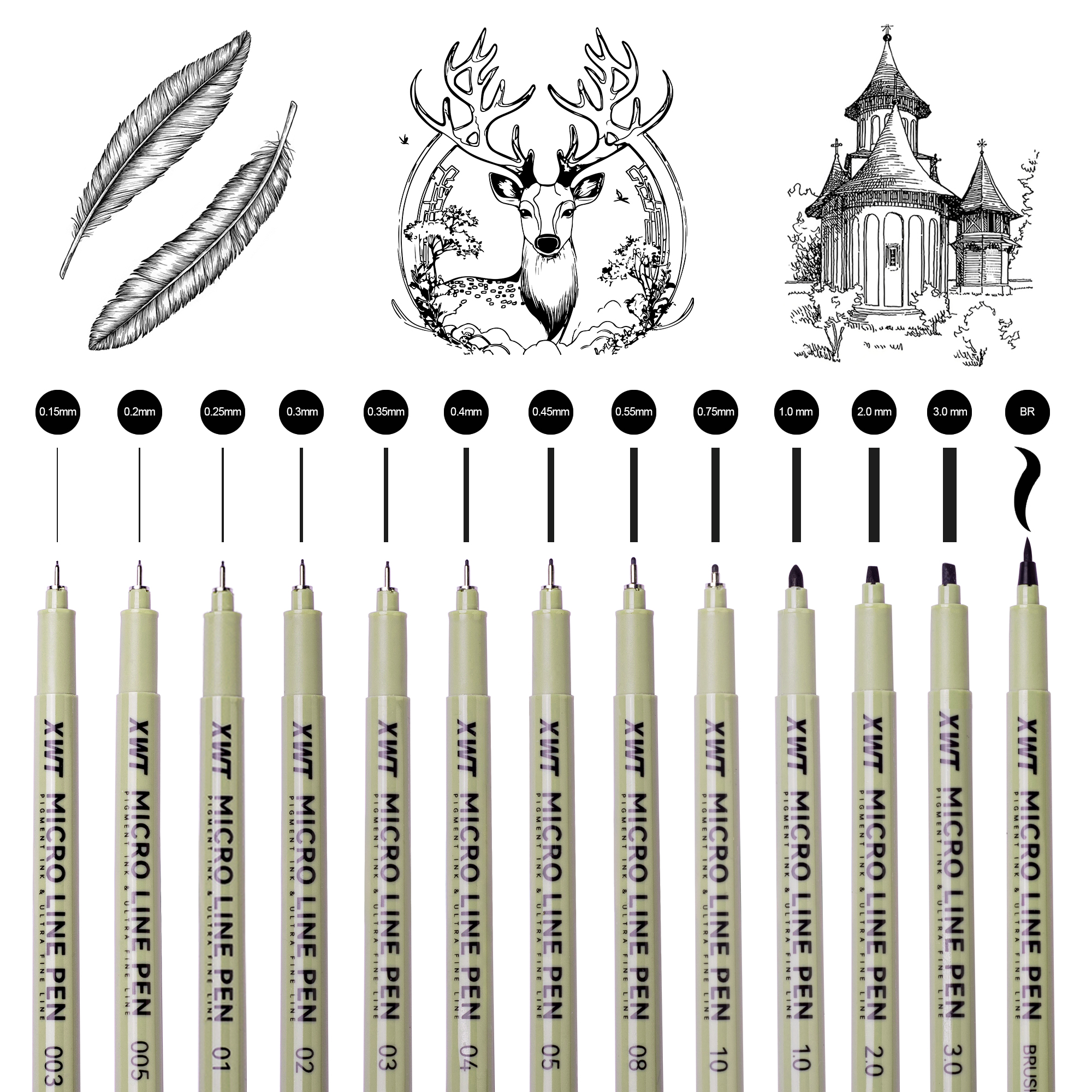 Zestaw markerów z tuszem pigmentowym 13/16 Wskazówka pigment liniowiec mikron atrament, miękki pędzel robić rysowania mangi, szkicowania, pisak igłowy, pisak robić linii hakowych, artykuły plastyczne.: BIAŁY