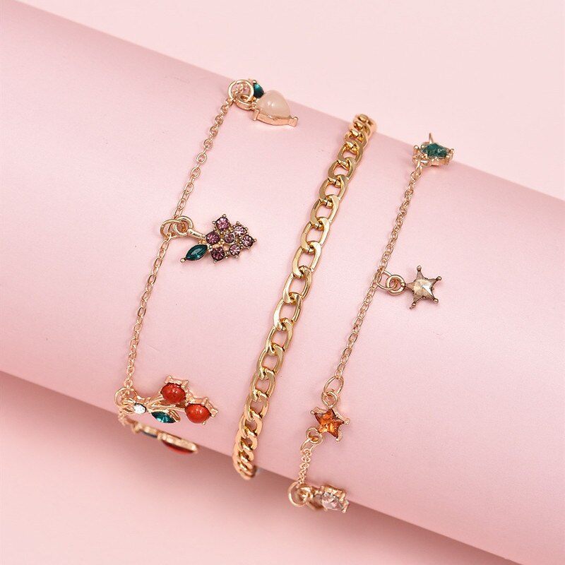 Ensemble de chevilles pour femmes, bracelets de cheville en cristal pour femmes, Fruits de cerise, raisin, étoile, chaîne dorée, bijoux , 3 pièces/ensemble