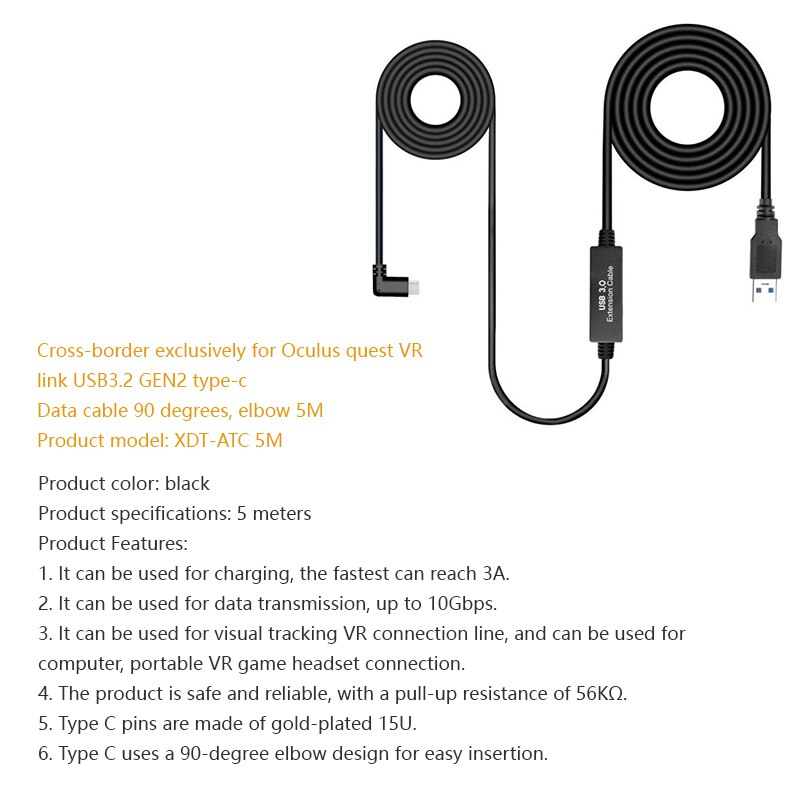 5m usb c ladekabel til oculus quest 2 vr headset 5 gbps datatråd type c kabel til oculus link/rift s/quest 2 vr