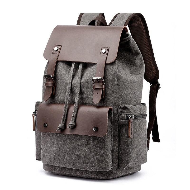 Canvas-rucksack für herren, großes fassungsvermögen, geeignet für laptops bis 17 zoll, kordelzug, lederhülle, reiserucksack, schulrucksack: Grau