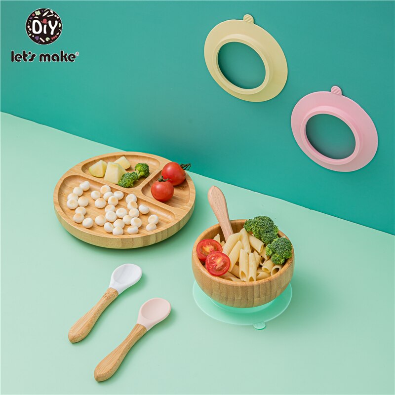 1set Baby Feeding Bamboo Bowl With Spill Proof Silicone Spoon Baby Dinner Plate Feeding Dinnerware Toddler Infant Tableware Set