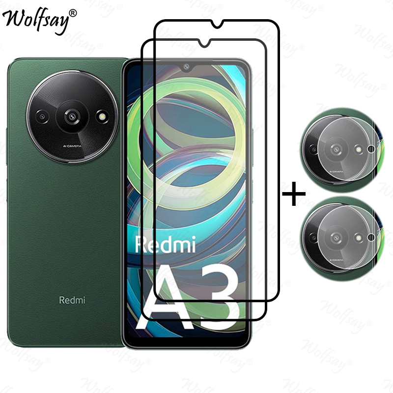 Pegamento de cubierta completa de vidrio templado para Xiaomi Redmi A3, Protector de pantalla para Redmi A3 A 3, cristal de cámara para Redmi A3, vidrio de 6,71 pulgadas: Verde oscuro