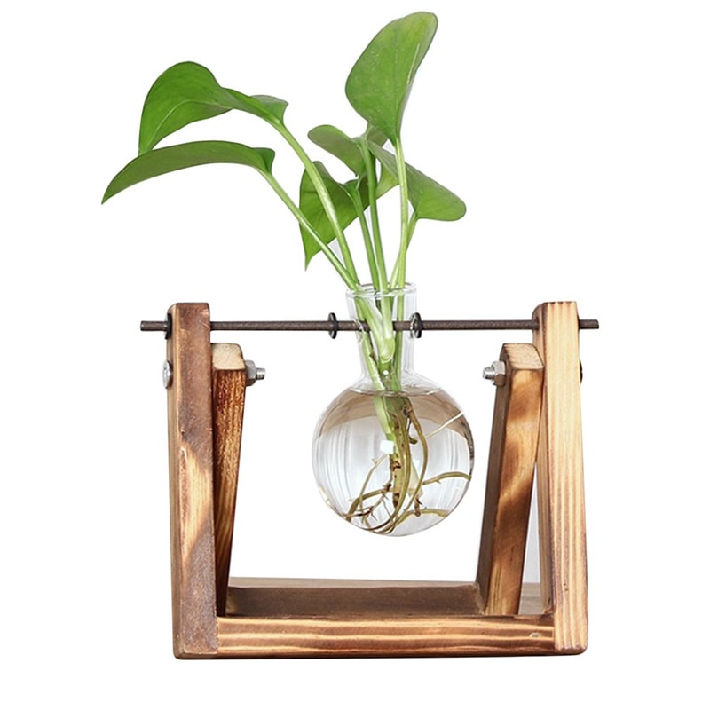 Desktop Glass Planter Bulb Vase with Retro Solid Wooden Stand and Metal Swivel Holder for Hydroponics Plants Home Office Decor