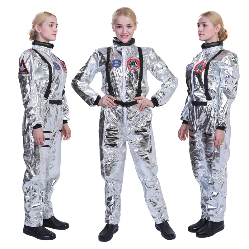 EraSpooky Silver Astronaut Costume Adult for Women Men Cosplay Costumes Spaceman Jumpsuit Space Suit Outfit Halloween