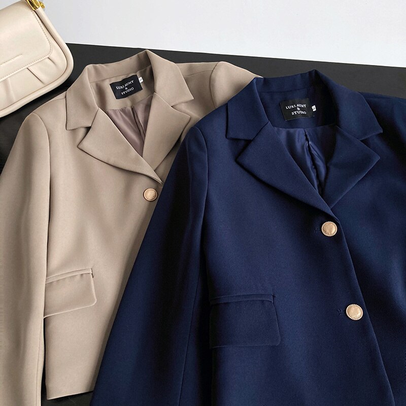 Solid Gold Button Detailed Lapel Button Up Crop Blazer Blue / Khaki Spring Women Short Jacket