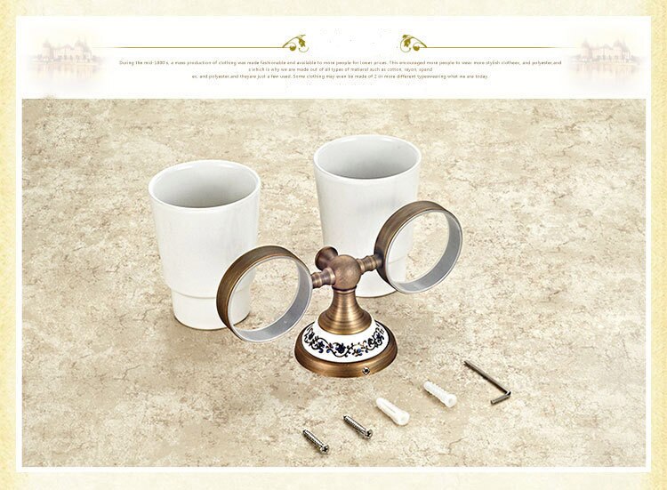 Mässing antikt porslin dubbelglas mugghållare tandborsthållare badrumstillbehör sanitetsporslin badrumsmöbel toalett