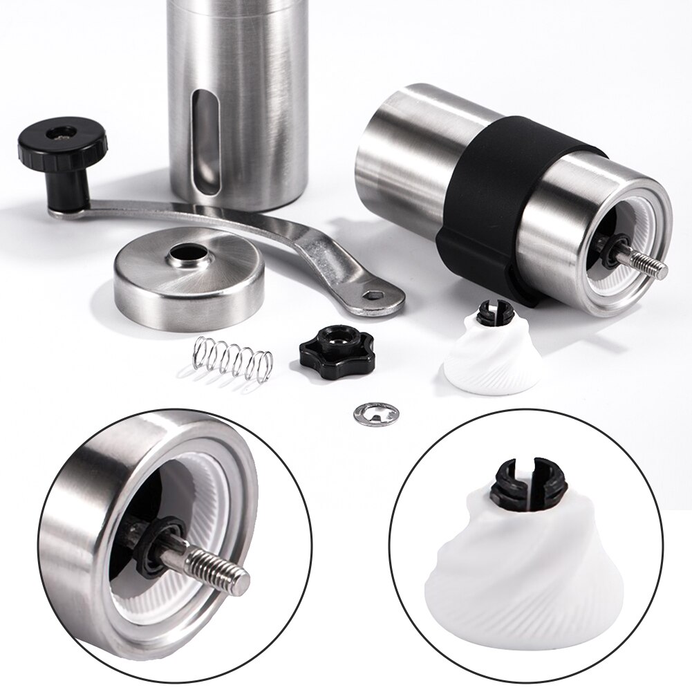 Molinillo de café de cerámica Manual de acero inoxidable, molino de granos de café ajustable con anillo de lazo de goma, herramientas de cocina fáciles de limpiar