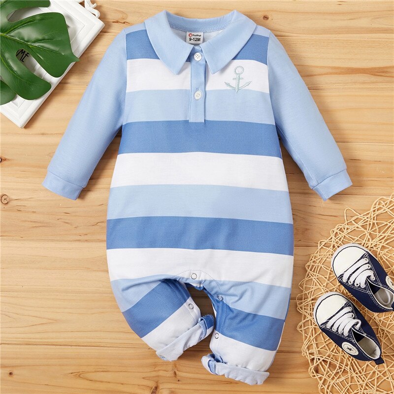 Patpat Winter En Herfst Baby Boy Preppy Sportieve Gestreepte Anker Jumpsuit Baby Boy Kleding: 9-12 Months
