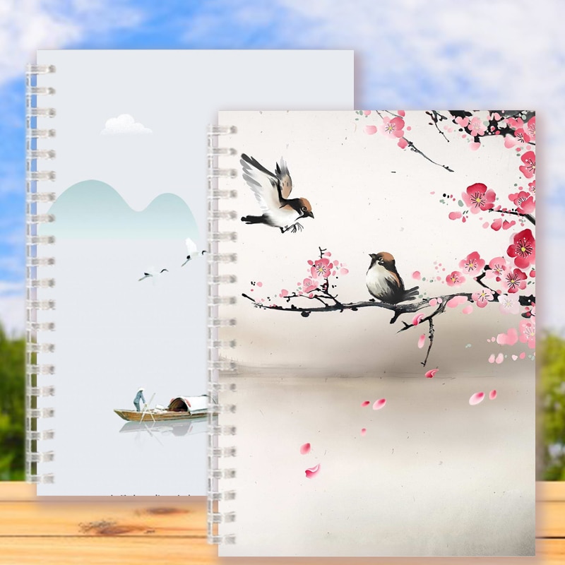 Chinoiserie-Cuaderno en espiral estilo chino para decoración, cuaderno con tapa de tinta de pájaro, árbol, paisaje Retro, Vintage