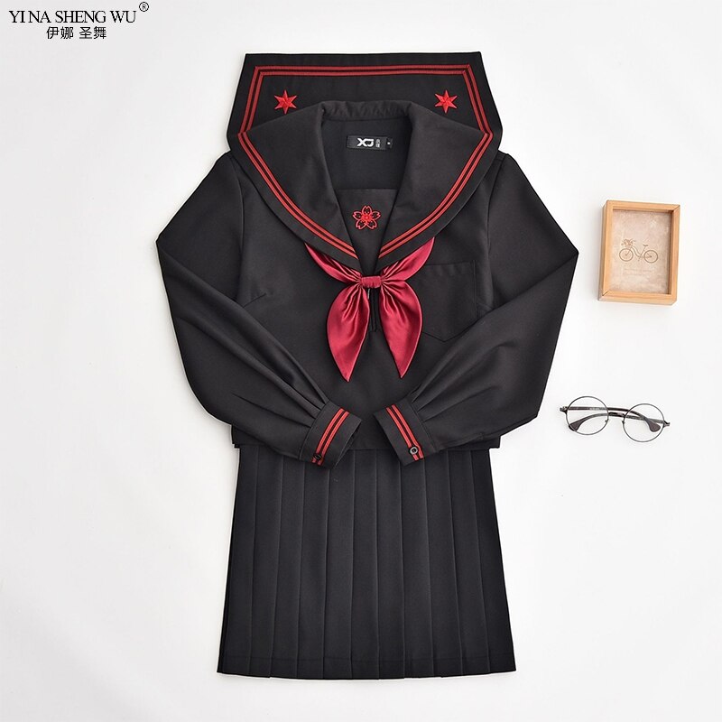 Tr japonês jk define uniforme escolar japonês meninas sakura bordados high school feminino novidade marinheiro ternos yankee uniforme da menina: Short skirt set / L