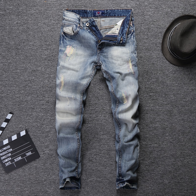 Streetwear heren jeans lichtblauw slim fit destroyed ripped jeans voor heren borduurwerk patch vintage klassieke jeans
