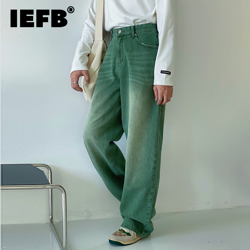 IEFB Vintage Men&#39;s Straight Mid Waist Green Jeans 2022 Spring Casual Loose Distressed Denim Long Pants Wide Leg Trousers
