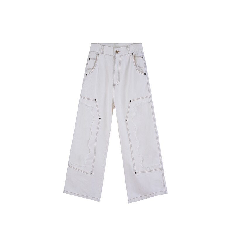Haute Rue Couche Épissé Solide Jeans pour Hommes Harajuku Droit Baggy Denim Pantalon Oversize Déchiré Lâche Décontracté Jean Pantalon: WHITE / Asian M