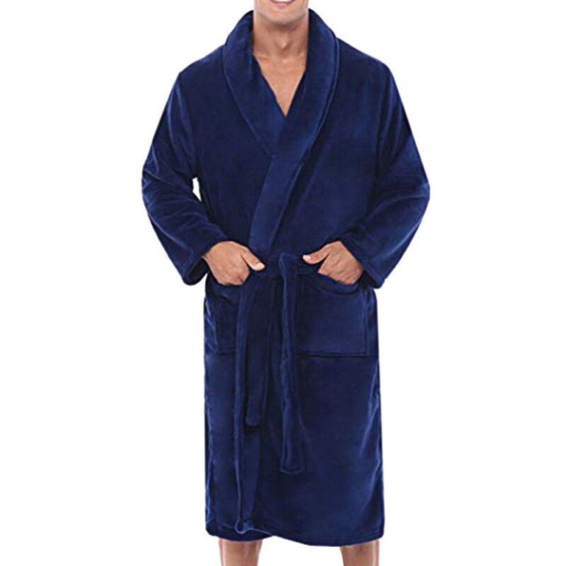 Mens Winter Warm Pluche Verlengd Sjaal Badjas Thuis Douche Kleren Lang Gewaad Jas EIG88: Blauw / L