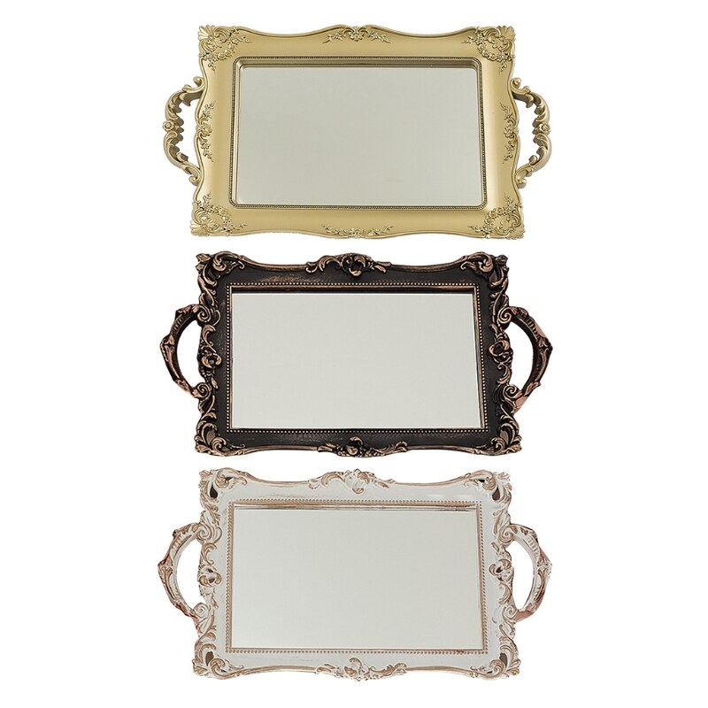 Vintage Rechthoek Decoratief Glas Spiegel Tray Franse Stijl Fruit Sieraden Display Opslag Plaat Desktop Ornamenten Make-Up