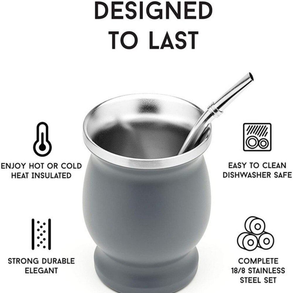1 Set 230ML Bombilla Set Yerba Mate Gourd Stainless Steel Tea Cup with One Spoon and Brush Heat Insulation Anti Scalding