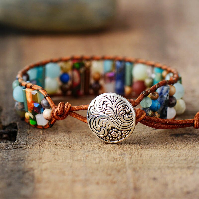 Women Boho Bracelets Natural Stone Single Leather Wrap Bracelet Semi Precious Stone Beaded Woven Cuff Bracelet