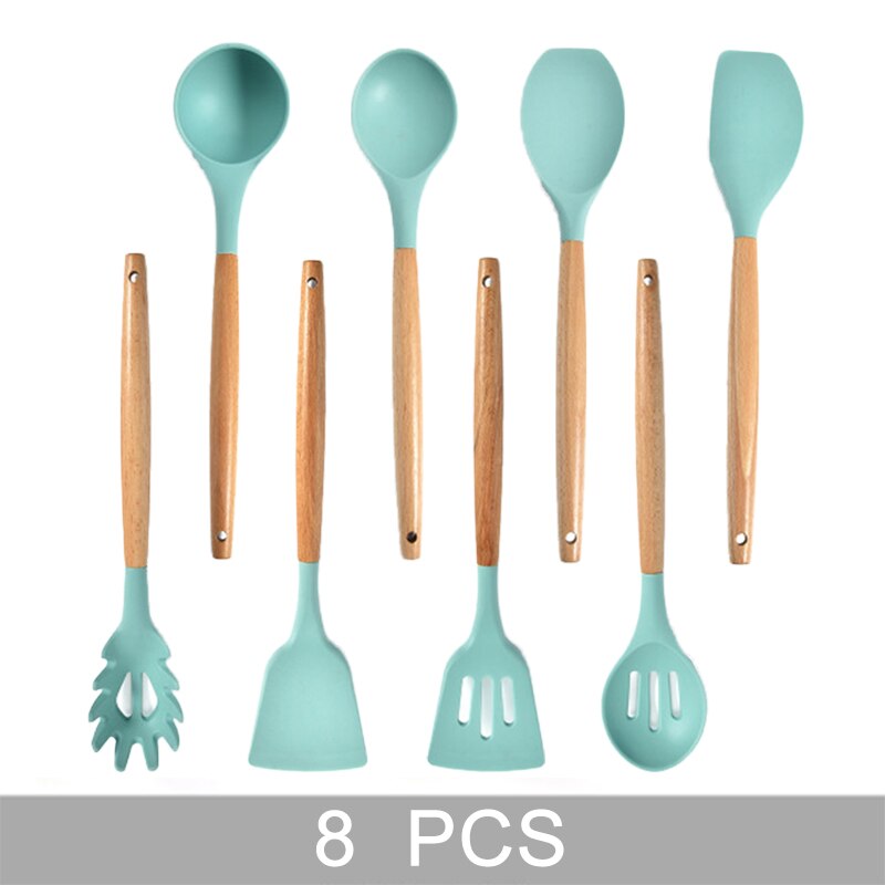 Green Silicone Kitchen Utensils Set Heat Resistant Nonstick Baking Cooking Tools 2/3/4/5/6/7/8/9 PCS Kitchenware Accessories: 8 PCS