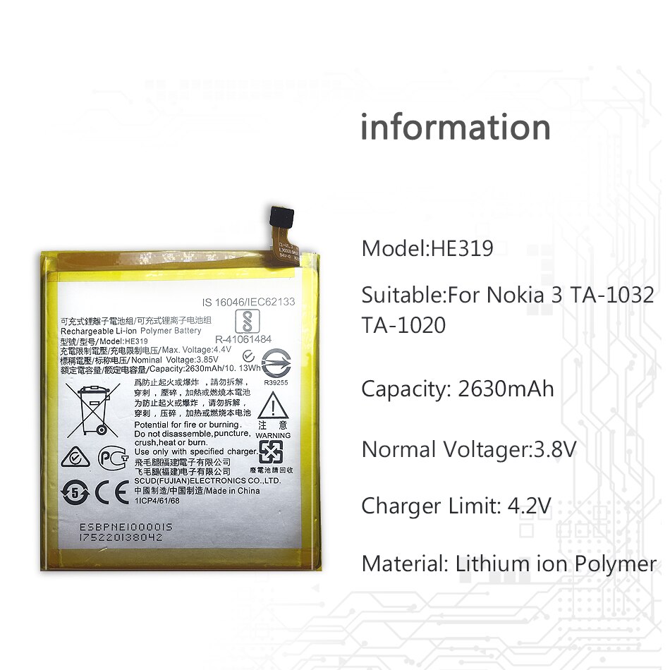Polymer Li-ion Battery For Nokia 3 Nokia3 TA-1020 1028 1032 1038 Replacement Battery HE319 2630mAh