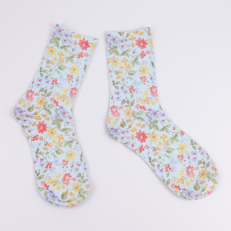 Frauen Garten Blumen- Mittlere Waden Socken retro Blume Druck Baumwolle Socken Atmungsaktiv Weich Stilvolle Sox 3 Paar einstellen: 3 paar (licht blau)