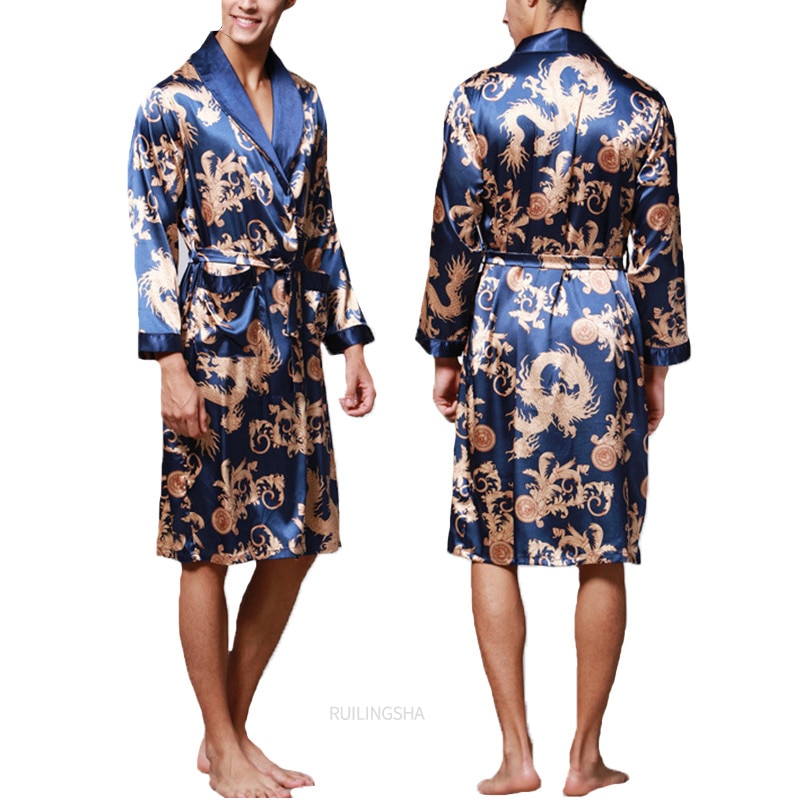 Stilfuld #39 badekåbe silke kimono lange ærmer morgenkåbe kinesisk lucky dragon print pyjamas mænd kjole badekåbe mænd hjemmetøj maskulin