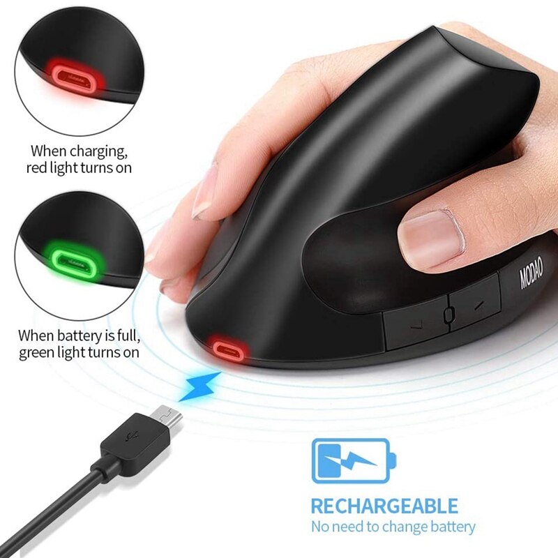 Wiederaufladbare kabellose vertikale maus , 2.4g ergonomische optische mäuse mit 3 einstellbaren dpi 800/1200/ 1600