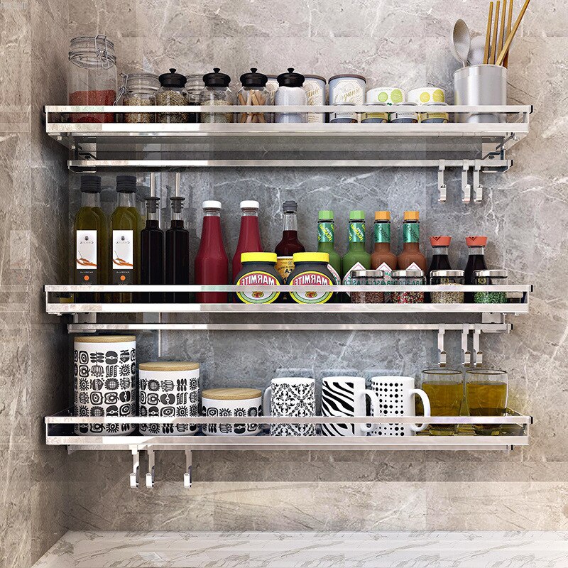 304 Stainless Steel Kitchen Rack Wall Hanging Type Punch Free Seasoning Frame Save Space Supplies Wall Mounted Kitchen Rack