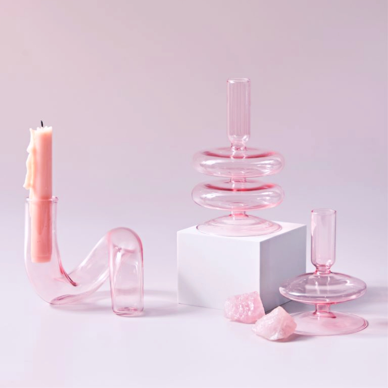 1pc Pink Glass Candle Holder Taper Candles Candlesticks Holder Wedding Table Centerpieces Nordic Home Decoration Vases