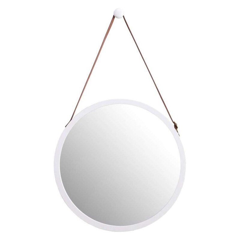 Hanging Round Wall Mirror in Bathroom & Bedroom - Solid Bamboo Frame & Adjustable Leather Strap: White