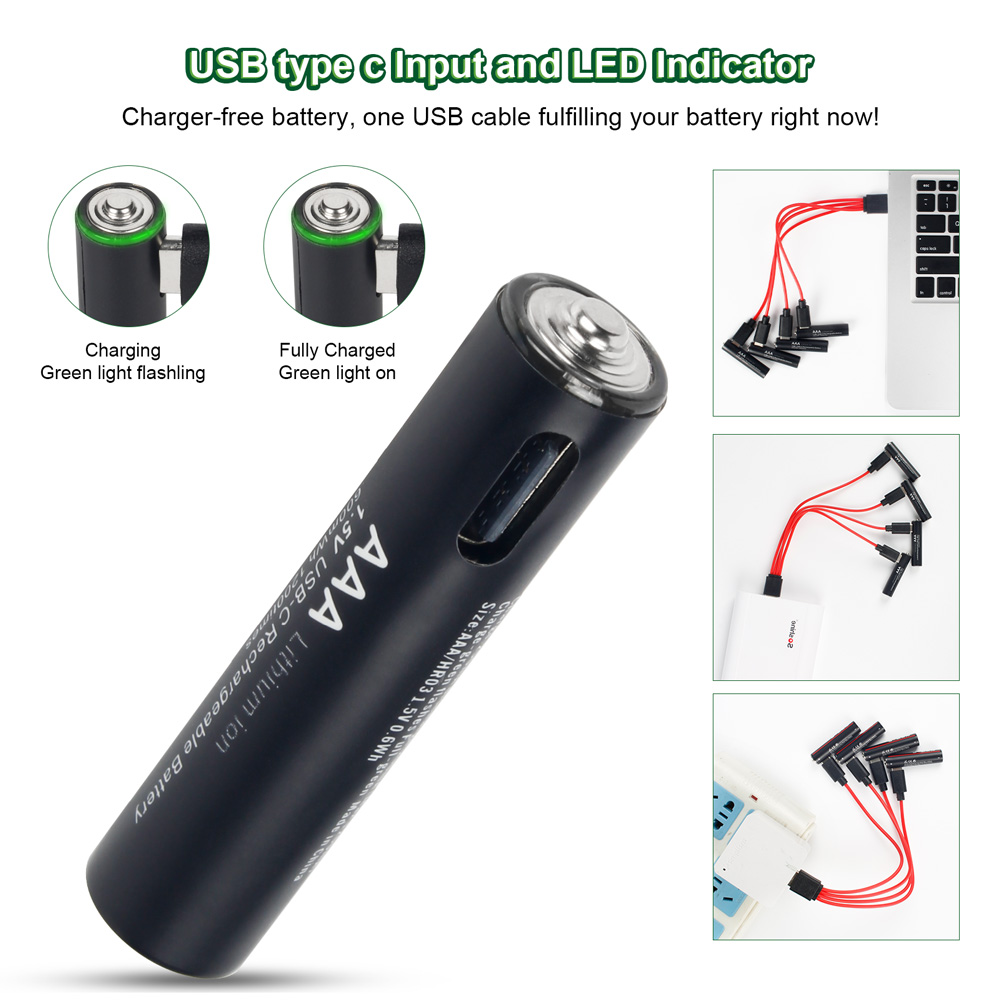 Soshine 600mwh wiederauf ladbare batterie aaa 1,5 v usb lithium batterien usb li-ion aaa batterie mit 4-in-1 usb kabel 1200-fach zyklus