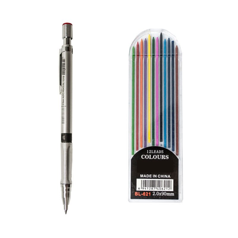 Automatic Mechanical Pencil 2.0mm Thick Writing Point Pencil Drawing Painting Black Refills School Office Stationery: 13 in 1 color Silver