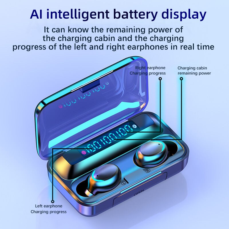 Draadloze oortelefoon bluetooth  v5.0 f9 tws draadloze bluetooth hoofdtelefoon hd stereo led-scherm waterdichte headset met microfoon