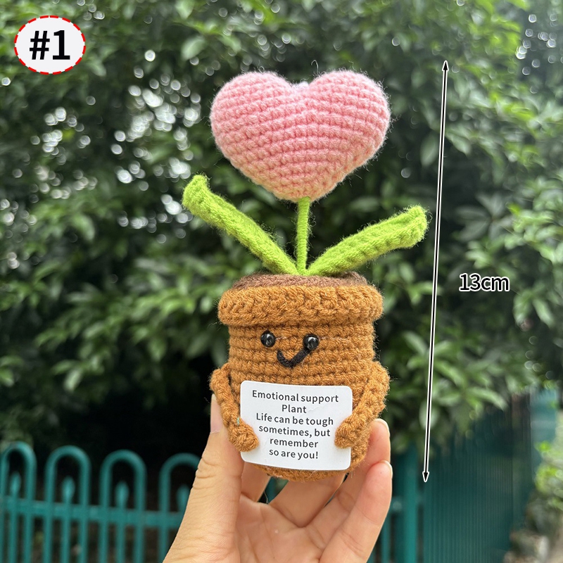 Flor de ganchillo hecha a mano, adorno de lana tejido en maceta de girasol, decoración divertida para aliviar el estrés con tarjeta positiva: Gris claro