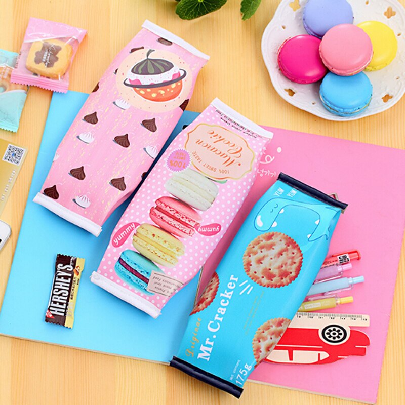 Kawaii macaron school etui meisjes chocolade cracker pu leren etui kinderen schoolbenodigdheden