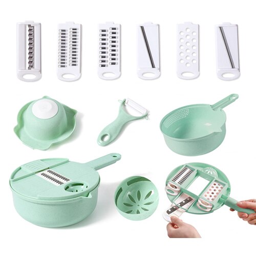 Cortador de verduras para el hogar, herramientas de cocina, rallador de patatas, rebanador de cocina, rallador giratorio de rábano, 12 piezas: 12 pcs Green