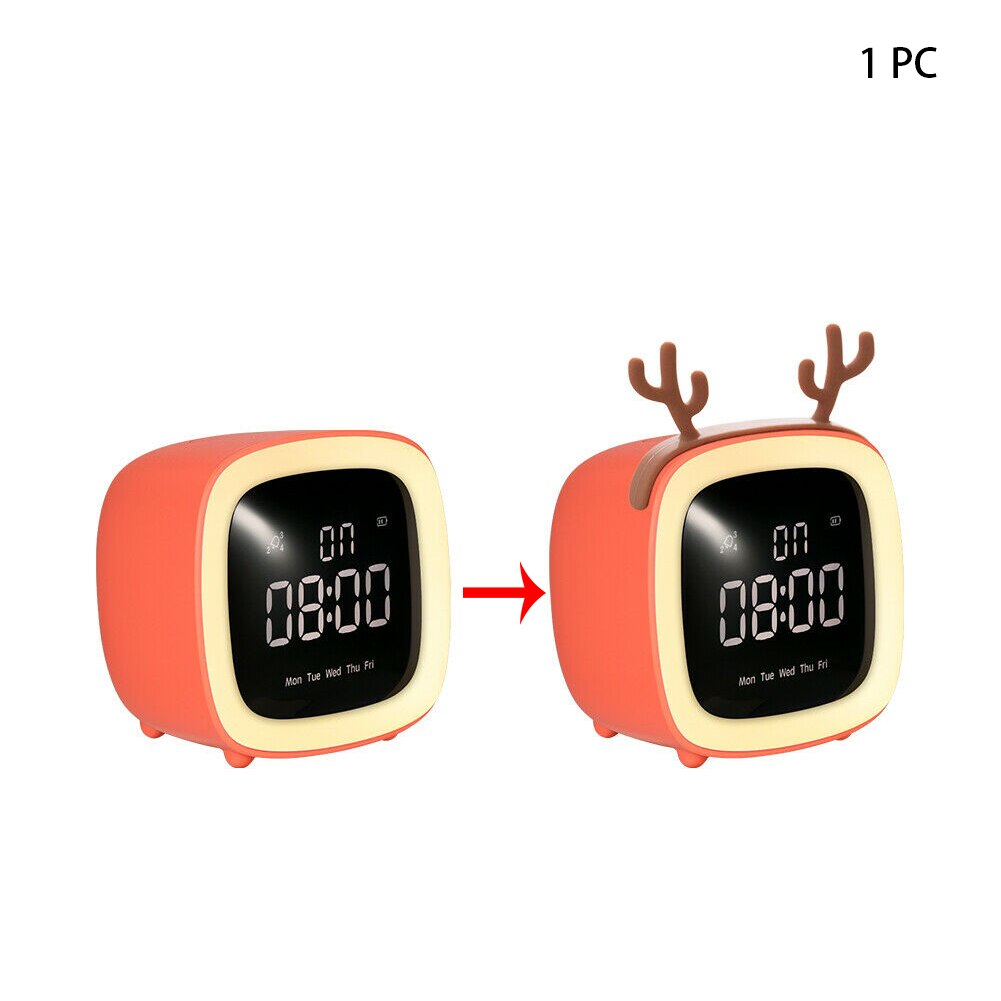 Digital Timing Cute Alarm Clock Smart Children TV Shape Table Snooze Function Mini Night Light Adjustable Brightness Week