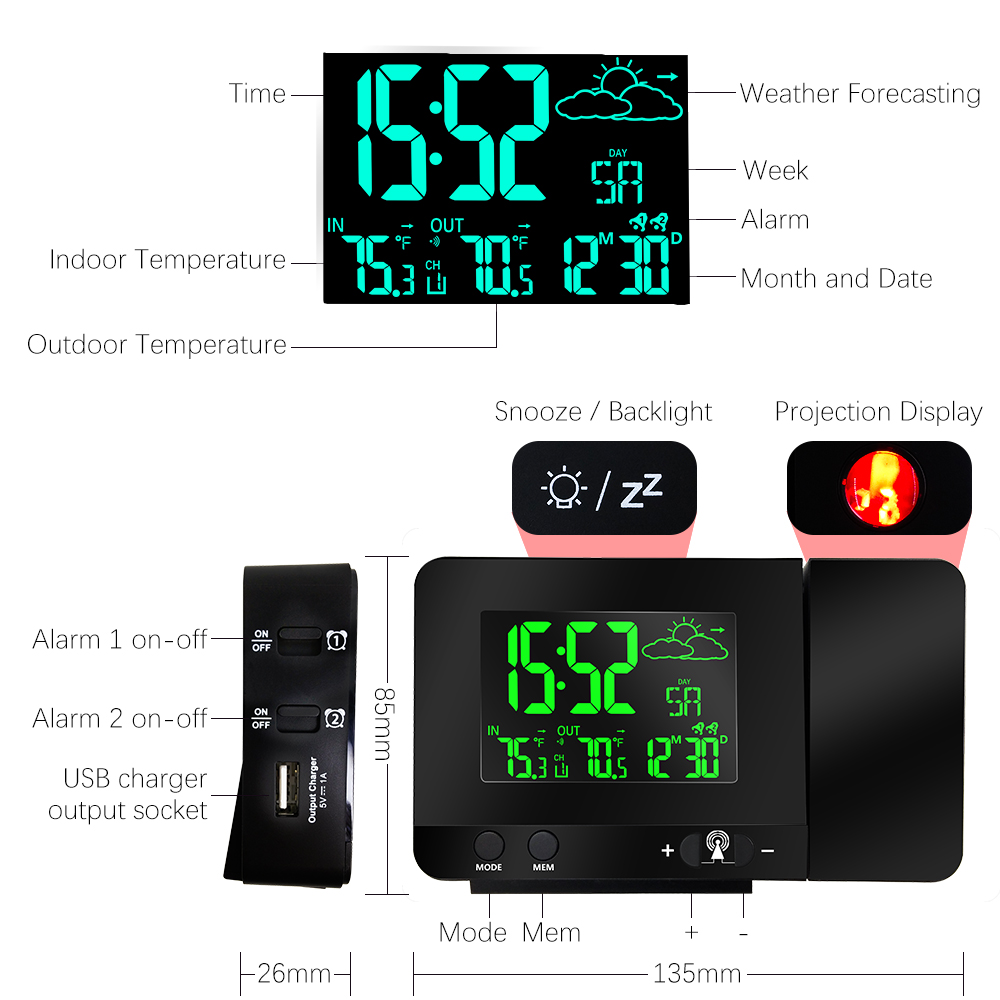 Projektion väckarklocka , pt3531b dcf digital radiostyrd projektionsklocka med väderstation, dubbla larm