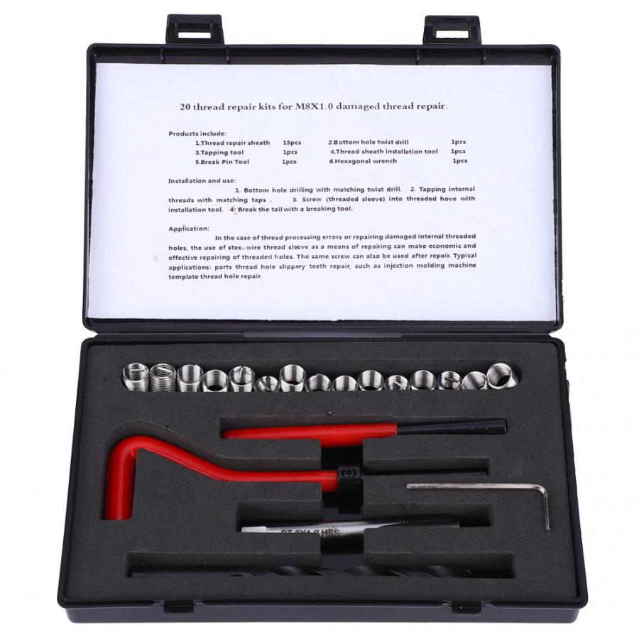Rvs 20 -delige draadreparatieset  m8 x 1 rvs-tapset voor het repareren van binnendraad en inzethuls