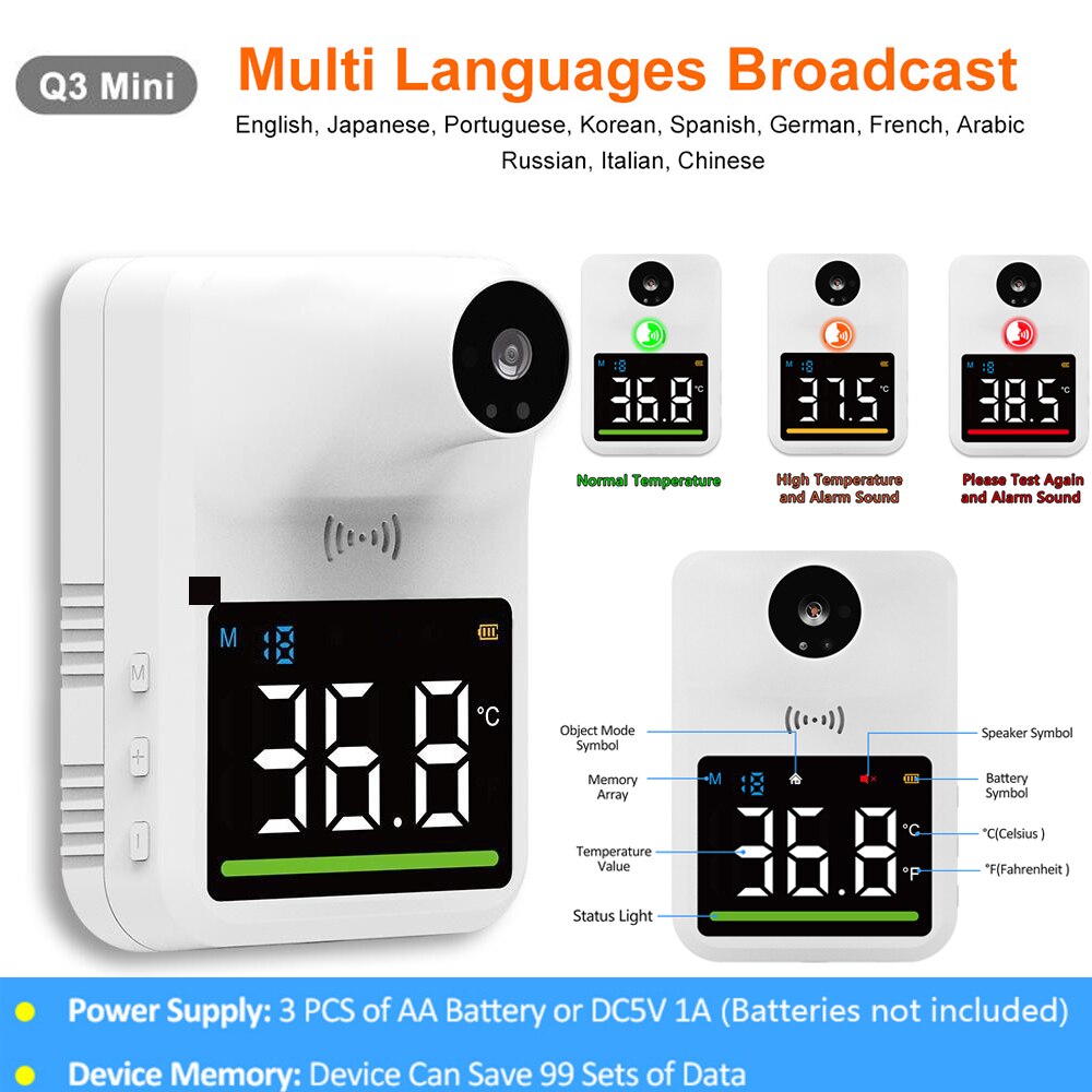 Non-Contact Digital Thermometer Wall-Mounted Infrared Forehead Thermometer School/Office/Metro Wall Thermometer