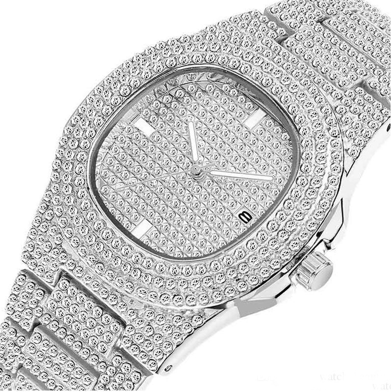Hip Hop Iced Out Goud Kleur Horloge Quartz Luxe Volledige Diamond Ronde Horloges Heren Rvs Horloge