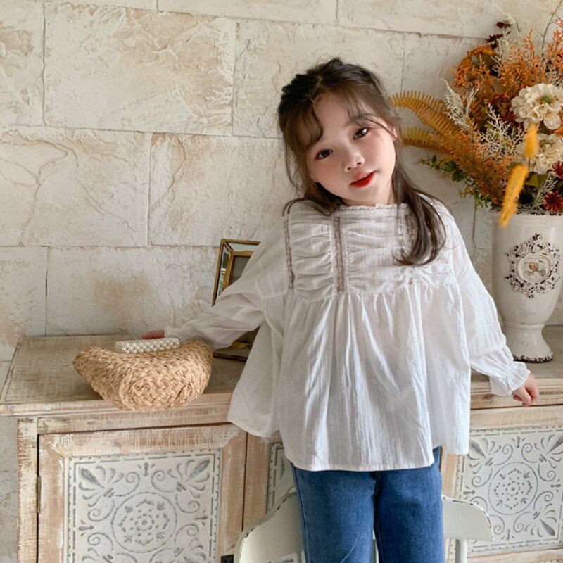 Autumn Girls Long Sleeve White Blouses Kids Cotton Blosues